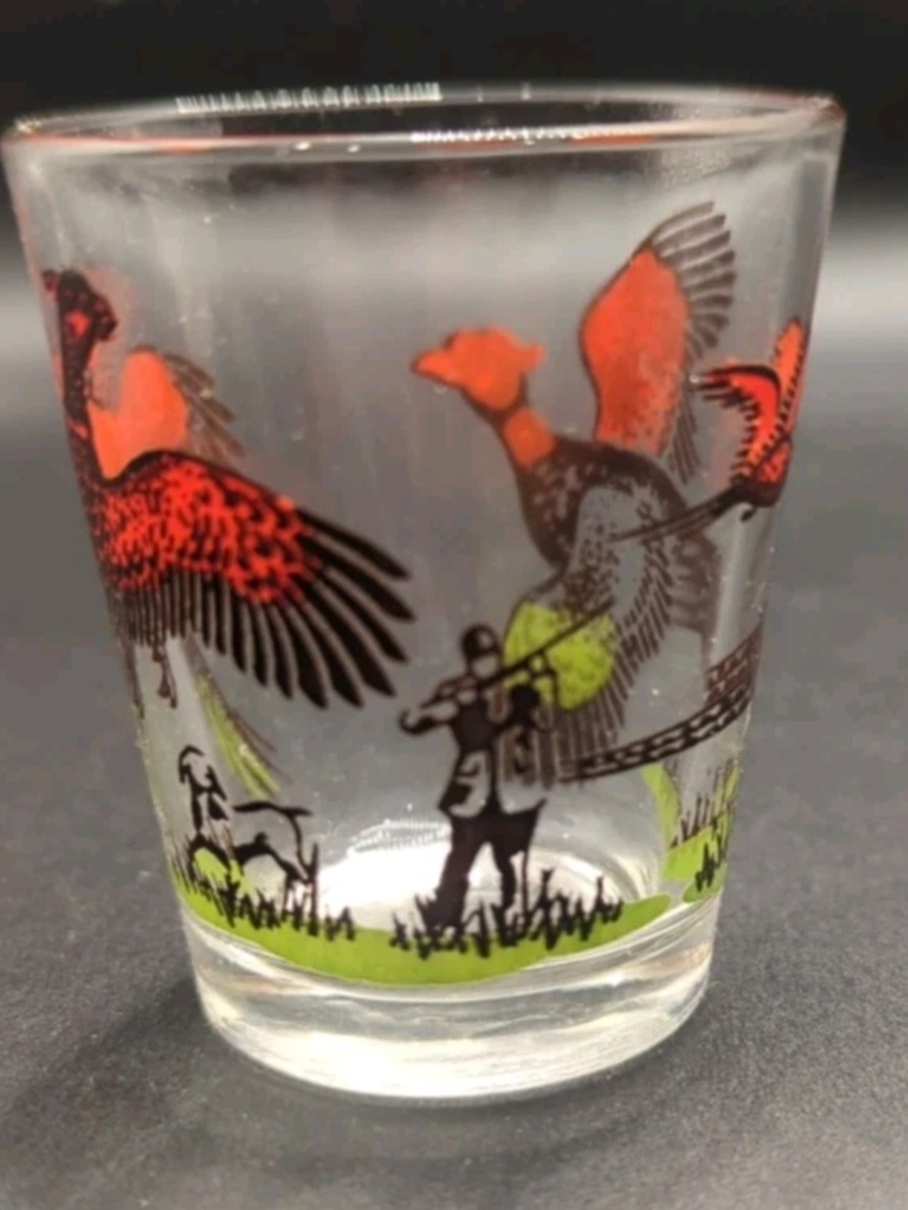 Vintage 50s- Colorful Pheasants, Hunter, & Dog Shot Glass- Atlas